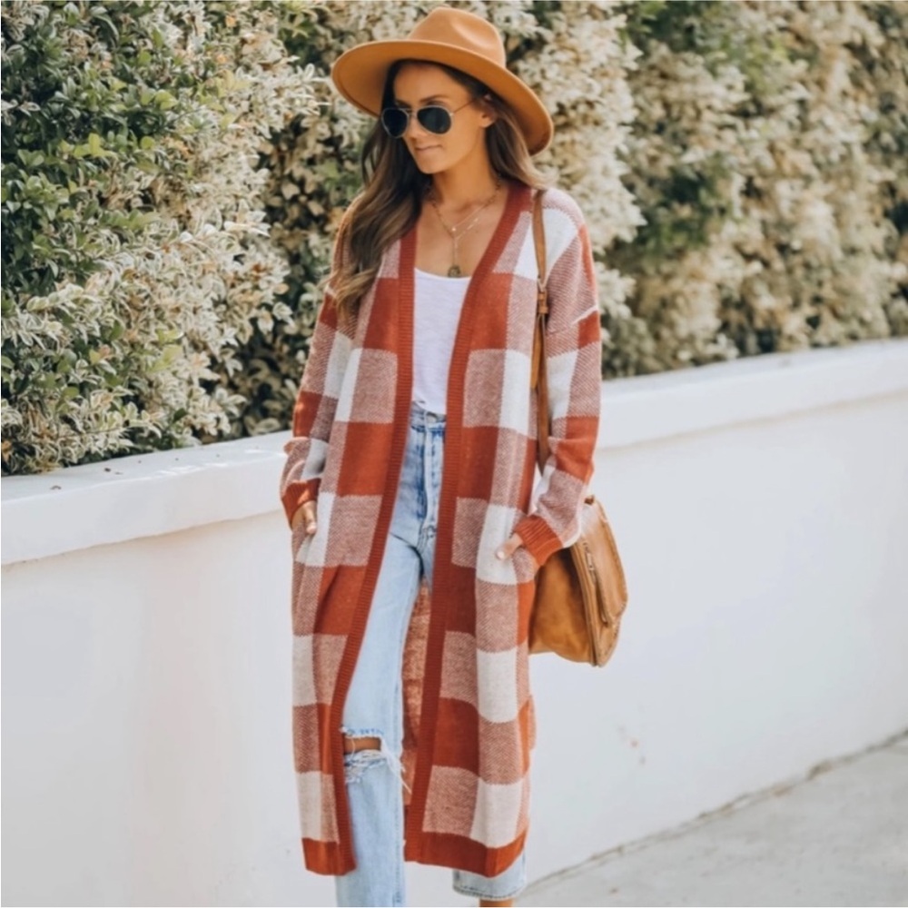 Burgundy Plaid Long Cardigan